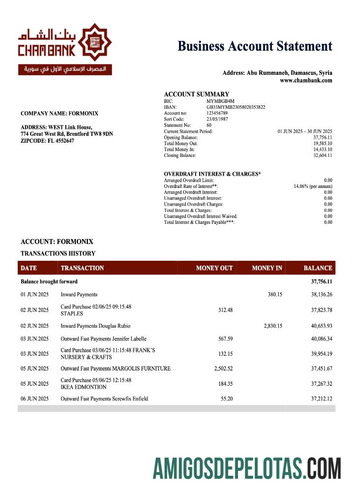 Baixável Sírio Cham Bank Enterprise modelo de extrato de conta Word e PDF